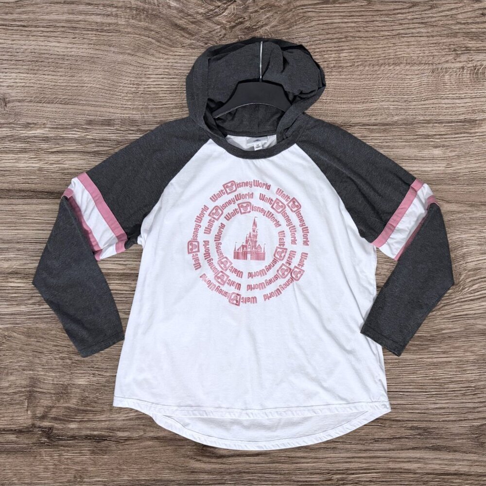 Disney World Hoodie Shirt Women 1X Cinderella Castle Graphic Raglan Pink Gray
